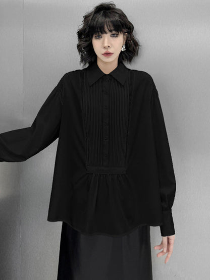 Long Sleeves Loose Buttoned Pleated Solid Color Polo Blouses&Shirts Tops