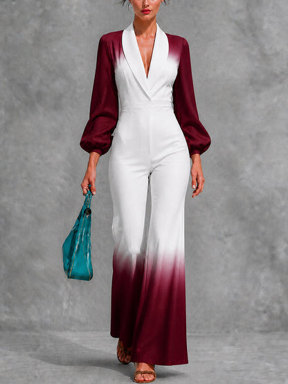 Zipper Pleated Gradient Puff Sleeves Long Sleeves V-neck Jumpsuits