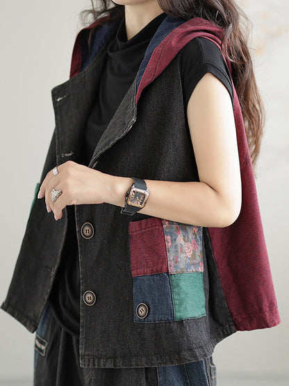 Gilet à capuche sans manches en denim ample et boutonné de couleur contrastée, style rétro artistique 