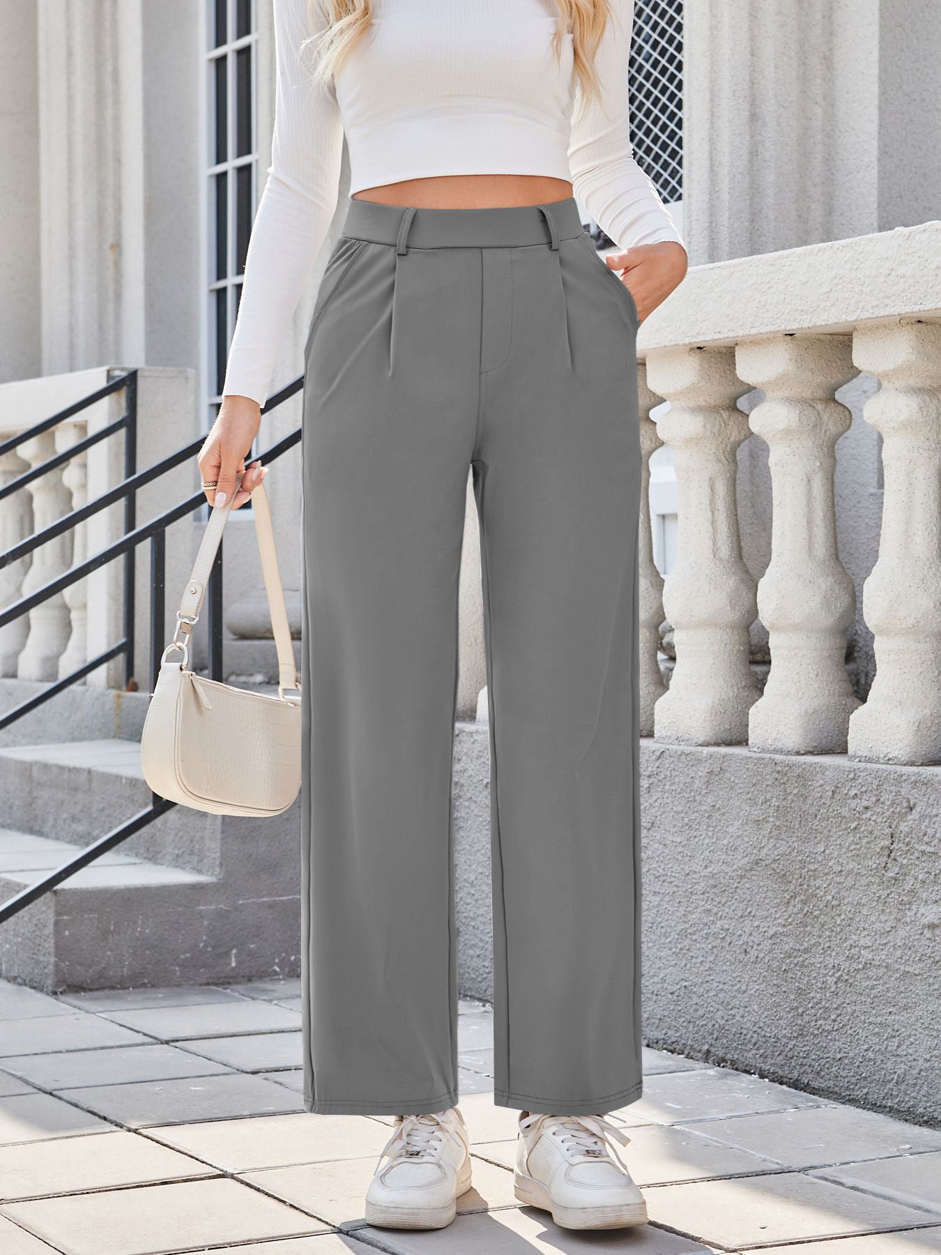 Women Relaxed Straight Leg Straight Fit High-Rise Easy Wash Pleated Joggers Gray S