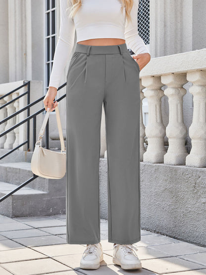 Women Relaxed Straight Leg Straight Fit High-Rise Easy Wash Pleated Joggers Gray S
