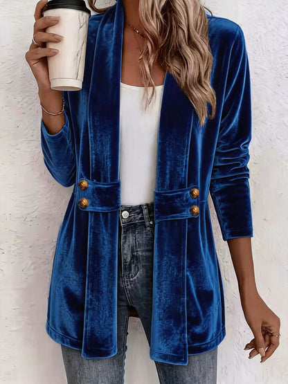 Velvet Solid Color Buttoned Loose Long Sleeves Collarless Outerwear