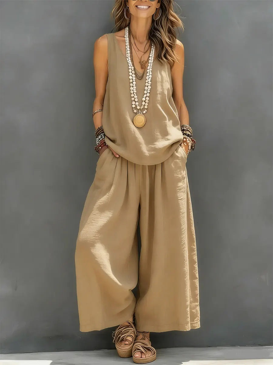 Loose Plus Size Elasticity Pleated Pockets Solid Color V-Neck Two Pieces Set