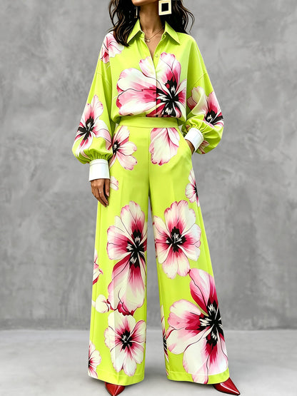 Pleated Flower Print Contrast Color Buttoned Puff Sleeves Loose Lapel Blouses&shirts Tops