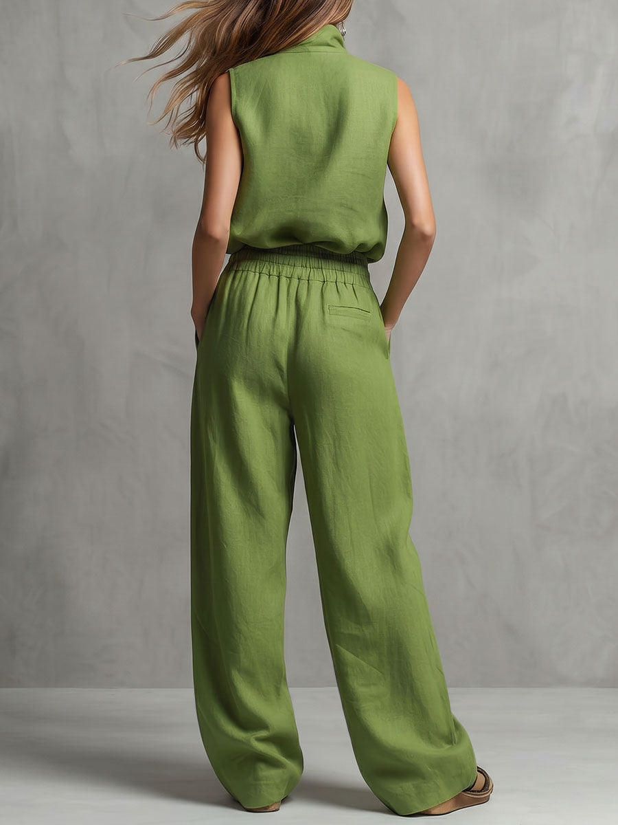 Sleeveless Pockets Solid Color Zipper Lapel Vest Top