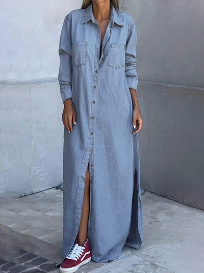 Long Sleeves Loose Buttoned Pockets Solid Color Lapel Maxi Dresses Shirt Dress