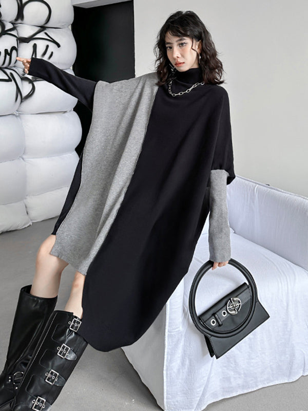 Batwing Sleeves Hipster Asymmetric Contrast Color Split-Joint High-Neck Midi Dresses Sweater Dresses
