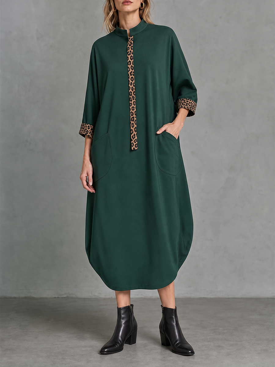 Split-Joint Pockets Leopard Three-quarter Sleeves Loose Mandarin Collar Midi Dresses