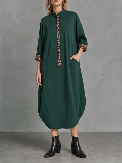 Split-Joint Pockets Leopard Three-quarter Sleeves Loose Mandarin Collar Midi Dresses