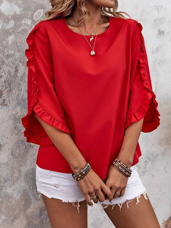 Loose Three-Quarter Sleeves Ruffle Trim Solid Color Round-Neck T-Shirts Tops