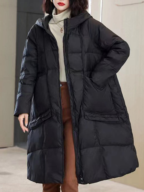 Daunenmantel mit langen Ärmeln, lockeren Taschen, einfarbiger Split-Joint-Kapuze 