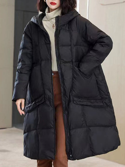 Daunenmantel mit langen Ärmeln, lockeren Taschen, einfarbiger Split-Joint-Kapuze 