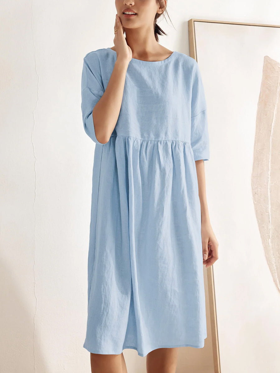 Half Sleeves Loose Pleated Pockets Solid Color Round-Neck Midi Dresses