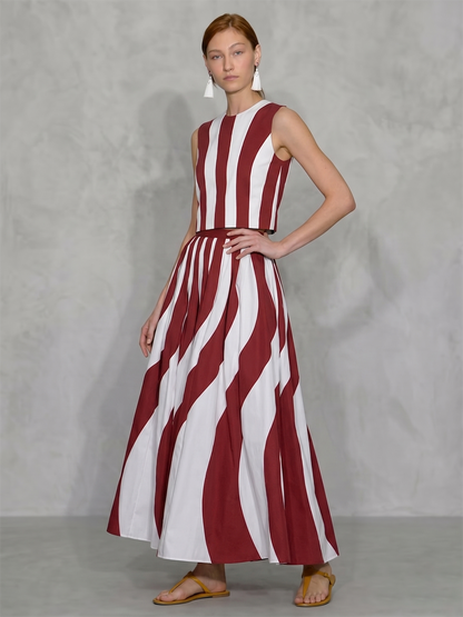 A-Line High Waisted Contrast Color Pleated Pockets Wave Print Skirts Bottoms