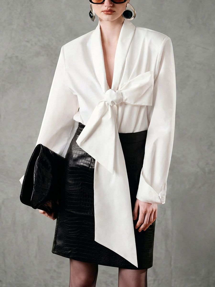 Long Sleeves Bowknot Solid Color Bow Collar Blouses&Shirts Tops