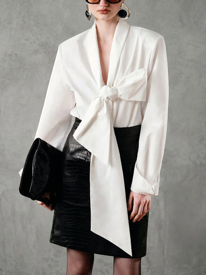 Long Sleeves Bowknot Solid Color Bow Collar Blouses&Shirts Tops