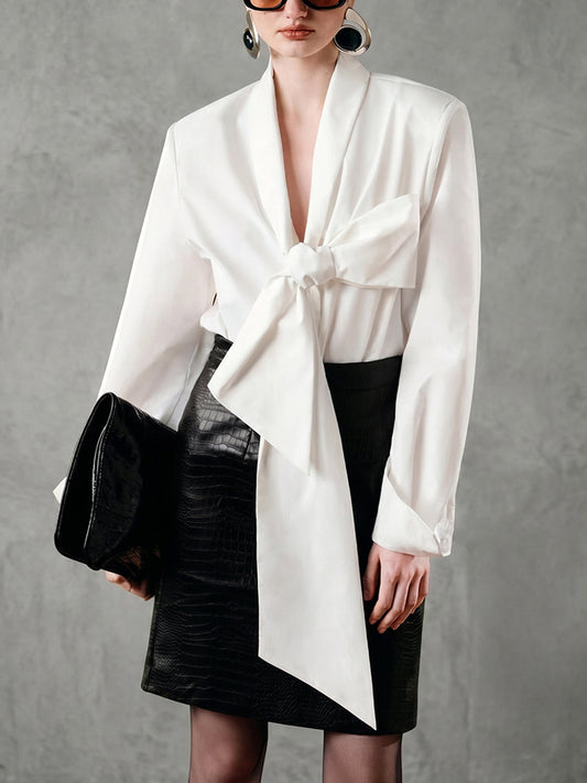 Long Sleeves Bowknot Solid Color Bow Collar Blouses&Shirts Tops