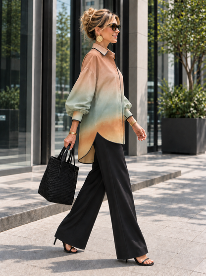 Gradient Contrast Color Colorful Buttoned Puff Sleeves Long Sleeves Lapel Blouses&shirts Tops