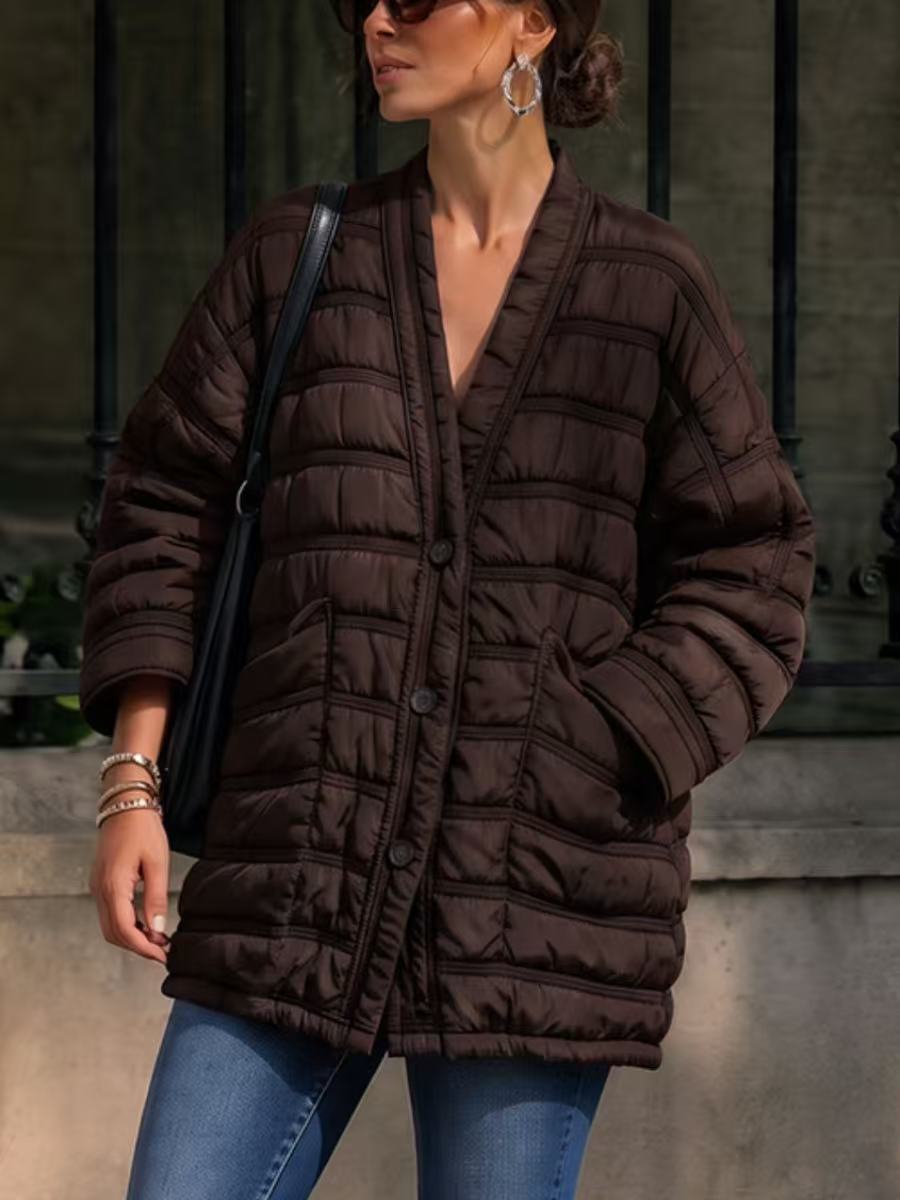 Striped Split-Joint Pockets Pleated Buttoned Loose Long Sleeves V-neck Outerwear Down Coat
