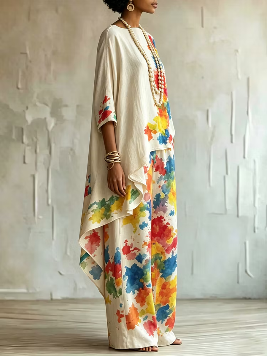 High-Low Loose Asymmetric Contrast Color Printed Boat Neck Blouses&Shirts Tops