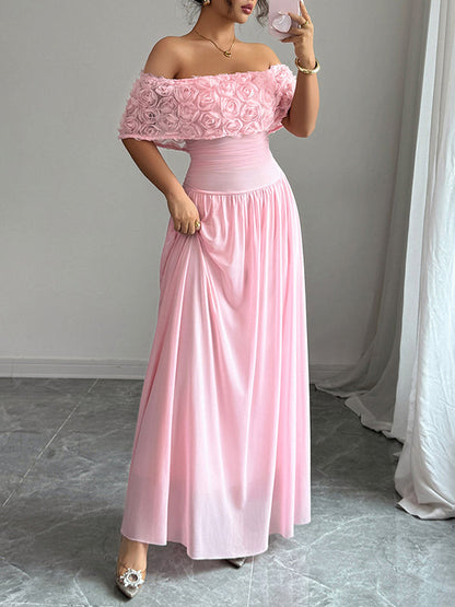 A-Line Half Sleeves Pleated Solid Color Split-Joint Three-Dimensional Flower Off-The-Shoulder Maxi Dresses