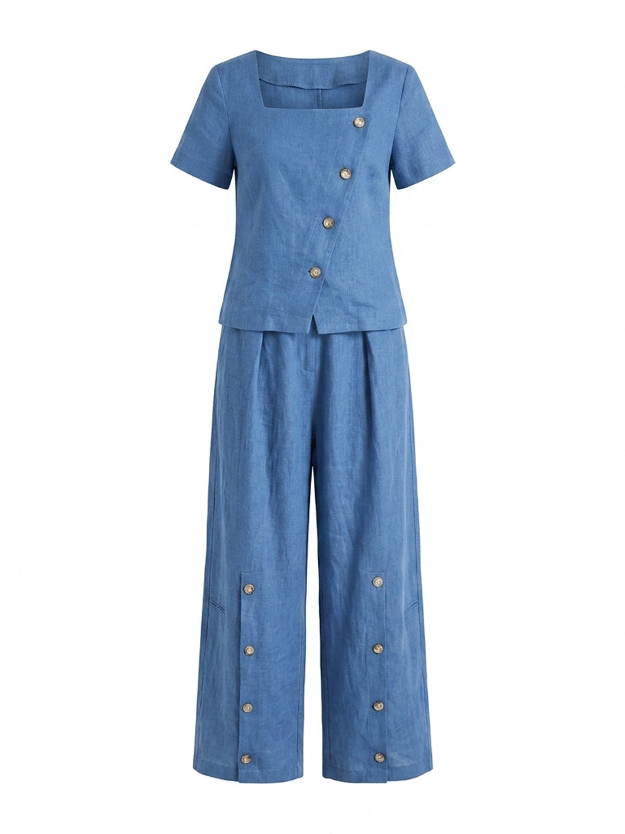 Loose Short Sleeves Buttoned Solid Color Square-Neck Blouses&Shirts Tops