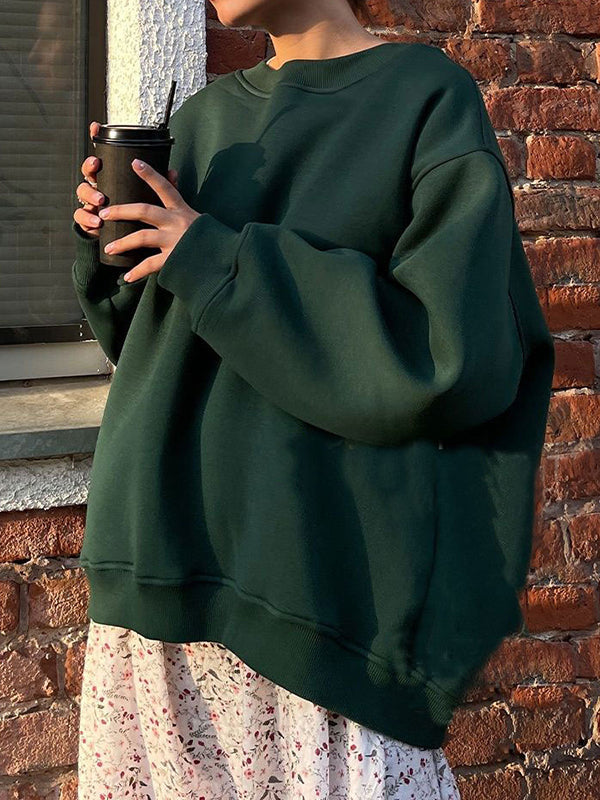Long Sleeves Loose Solid Color Round-Neck Sweatshirt Tops DEEP GREEN S