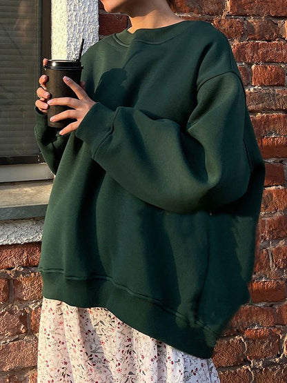 Long Sleeves Loose Solid Color Round-Neck Sweatshirt Tops DEEP GREEN S