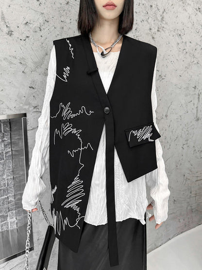 Sleeveless Asymmetric Buttoned Embroidered V-Neck Vest Top