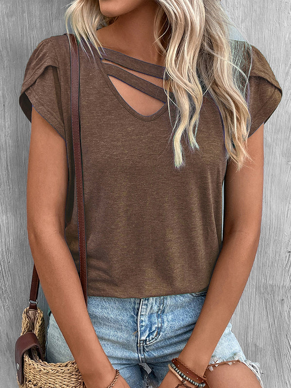 Loose Short Sleeves Solid Color V-Neck T-Shirts Tops DEEP BROWN