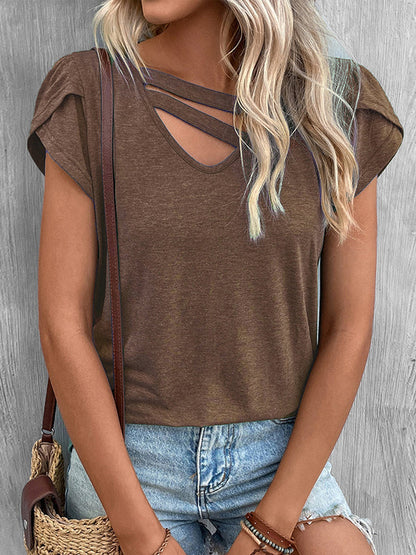 Loose Short Sleeves Solid Color V-Neck T-Shirts Tops DEEP BROWN