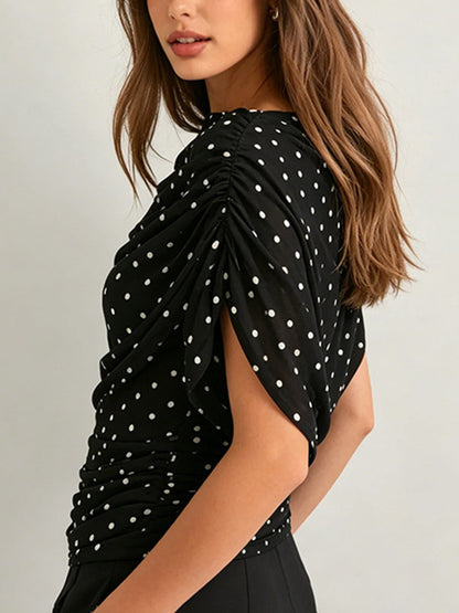 See-Through Ruched Polka-Dot Contrast Color Sleeveless Skinny Heaps Collar Blouses&shirts Tops