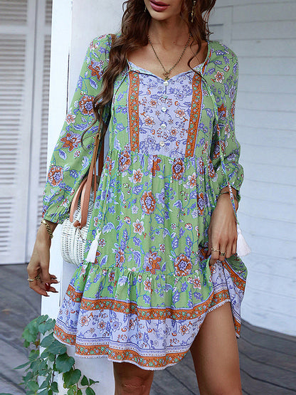 A-Line Loose Buttoned Contrast Color Flower Print Pleated V-Neck Mini Dresses