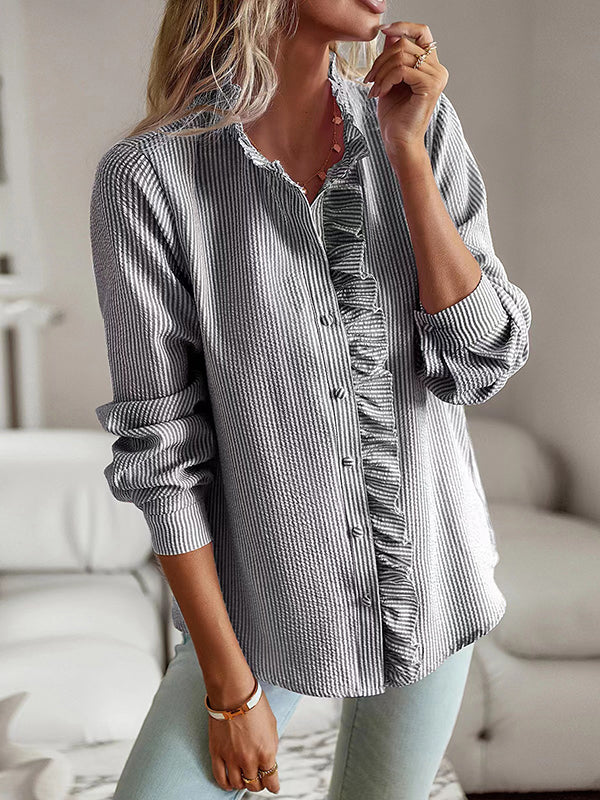 Long Sleeves Loose Asymmetric Pleated Ruffled Split-Joint Striped Stand Collar Blouses&Shirts Tops