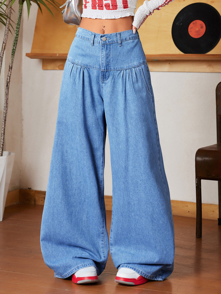 Loose Wide Leg Buttoned Elasticity Pleated Pockets Solid Color Jean Pants Bottoms