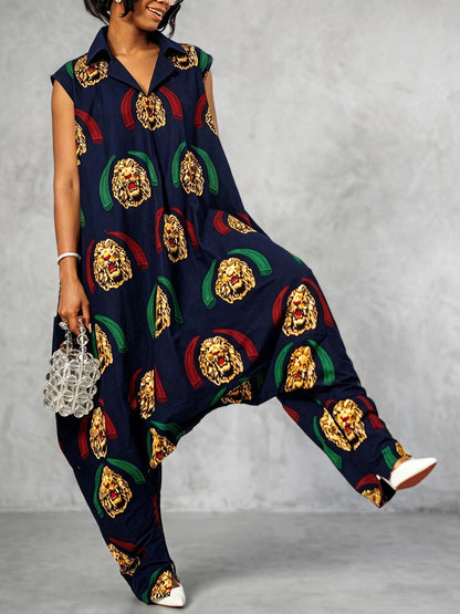 Loose Sleeveless Pockets Printed Lapel Jumpsuits
