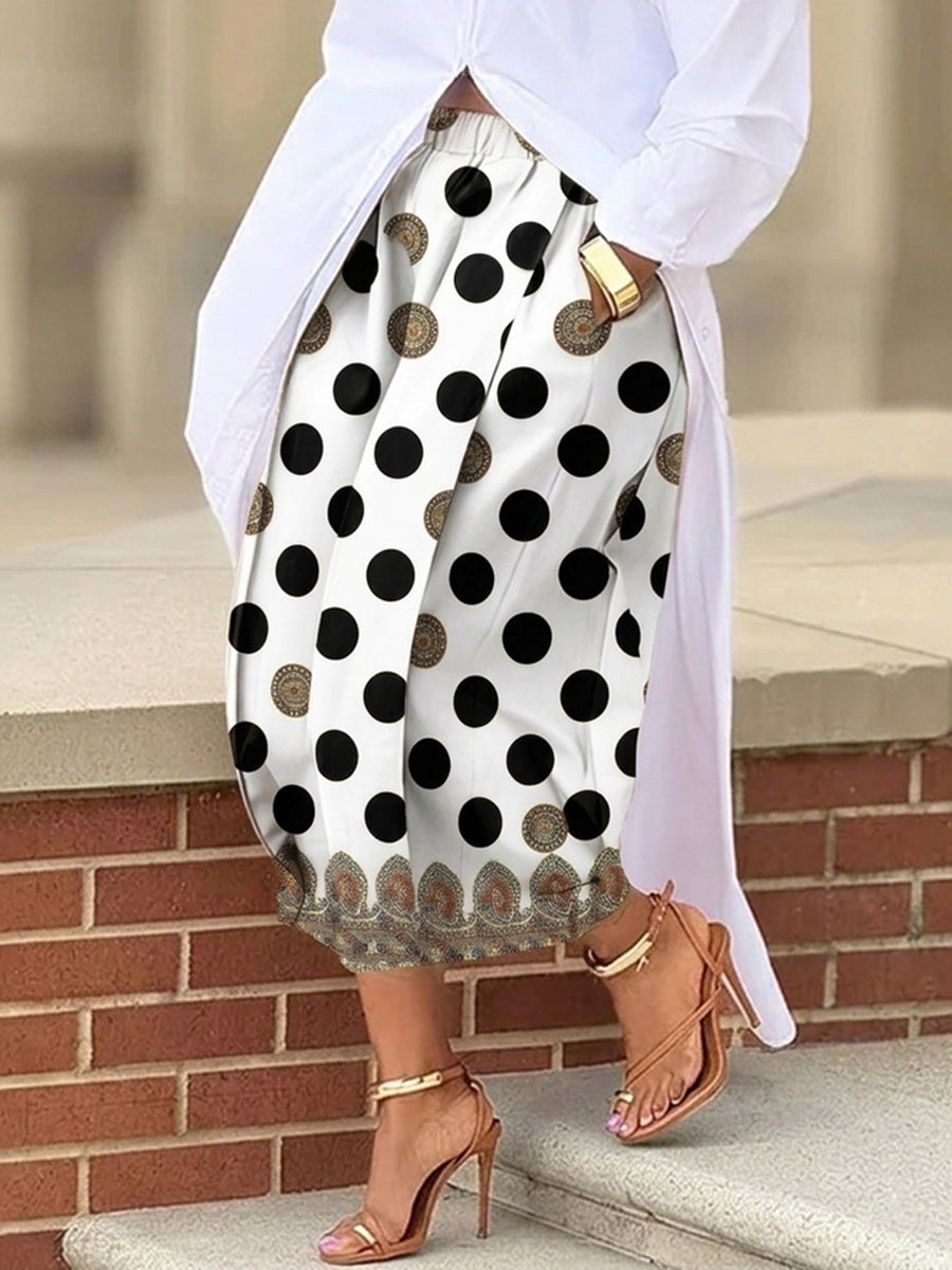 High Waisted Wide Leg Contrast Color Elasticity Pockets Polka-Dot Printed Ninth Pants