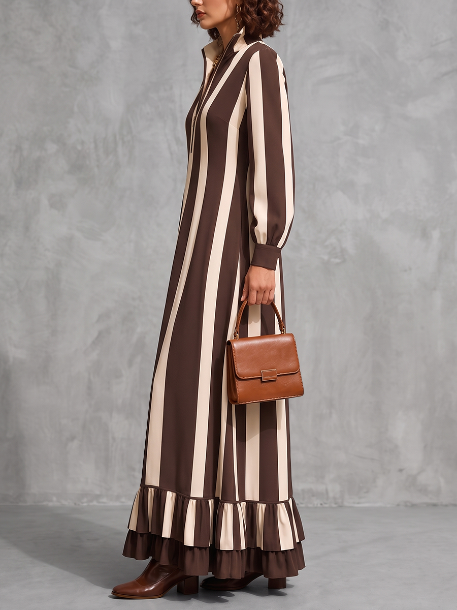 Zipper Striped Ruffled Pockets Contrast Color Loose Long Sleeves Stand Collar Maxi Dresses