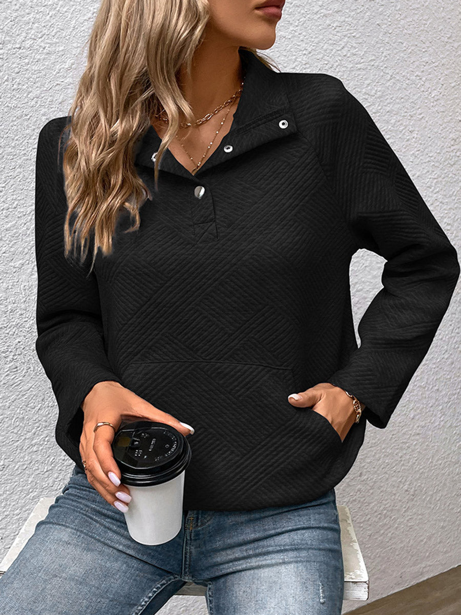 Textured Split-Joint Solid Color Pockets Buttoned Loose Long Sleeves Polo Sweatshirt Tops