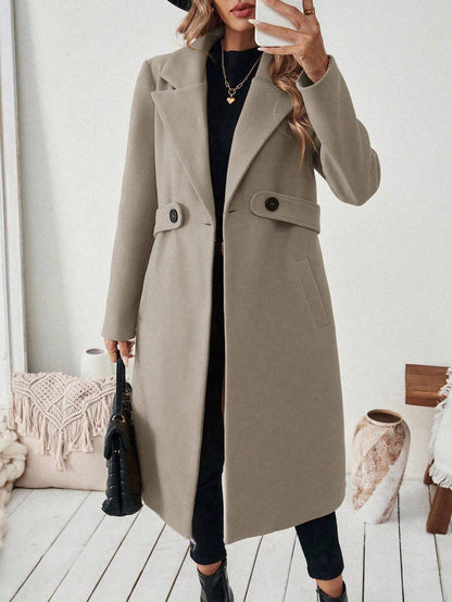 Solid Color Pockets Buttoned Loose Long Sleeves Notched Collar Woolen Coat