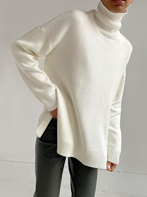 Casual Loose Long Sleeves Split-Side Solid Color High-Neck Sweater Tops
