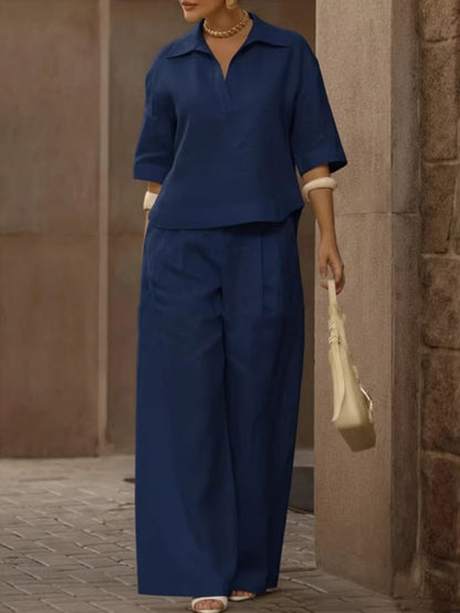 Solid Color Half Sleeves Lapel Blouses&Shirts Tops + High Waisted Pleated Trousers Pants Two Pieces Set