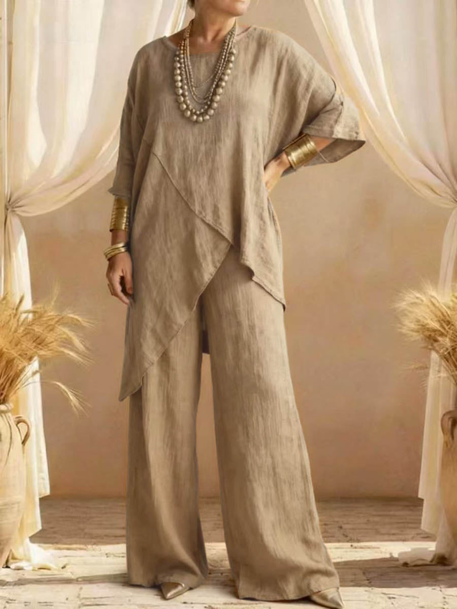 Loose Plus Size Asymmetric Solid Color Round-Neck Blouses&Shirts Tops + Pants Two Pieces Set