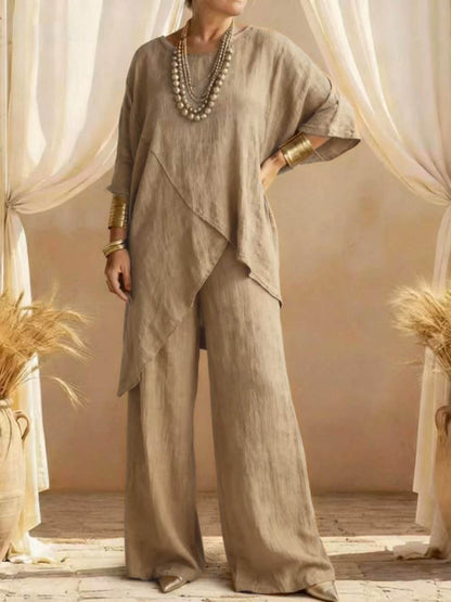 Loose Plus Size Asymmetric Solid Color Round-Neck Blouses&Shirts Tops + Pants Two Pieces Set