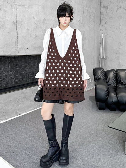 Loose Sleeveless Hollow Solid Color V-Neck Vest Top