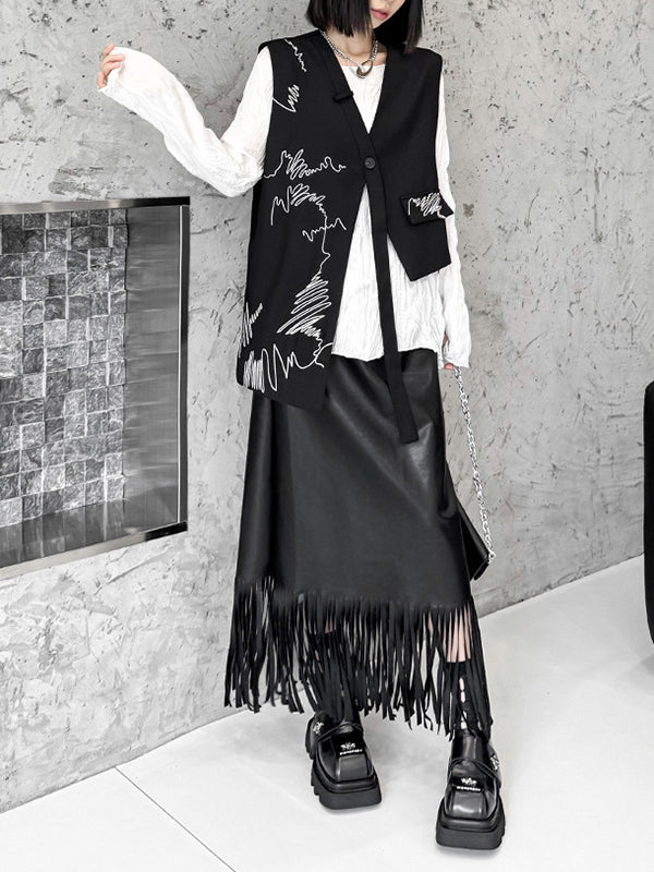 Sleeveless Asymmetric Buttoned Embroidered V-Neck Vest Top