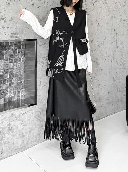 Sleeveless Asymmetric Buttoned Embroidered V-Neck Vest Top