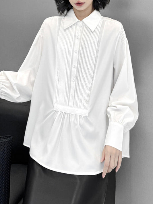 Long Sleeves Loose Buttoned Pleated Solid Color Polo Blouses&Shirts Tops