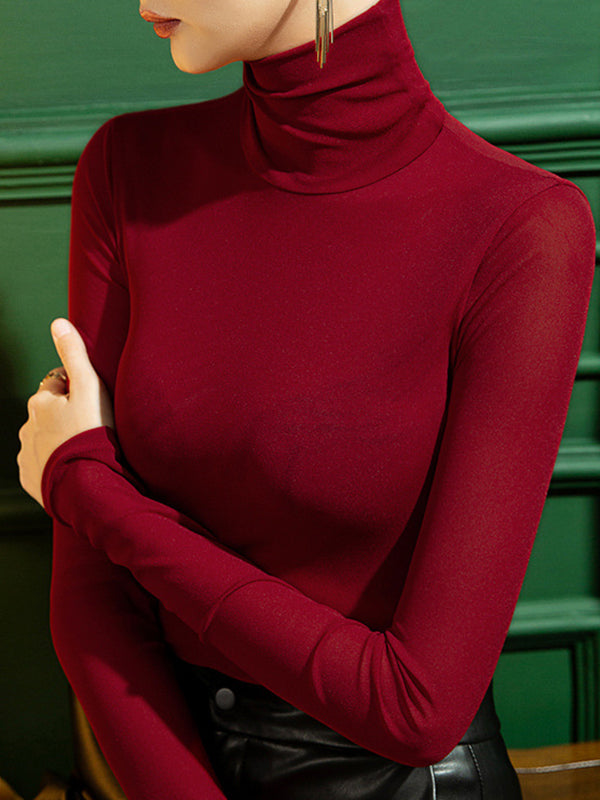 T-shirts à manches longues, col montant, transparents, couleur unie, grande taille 