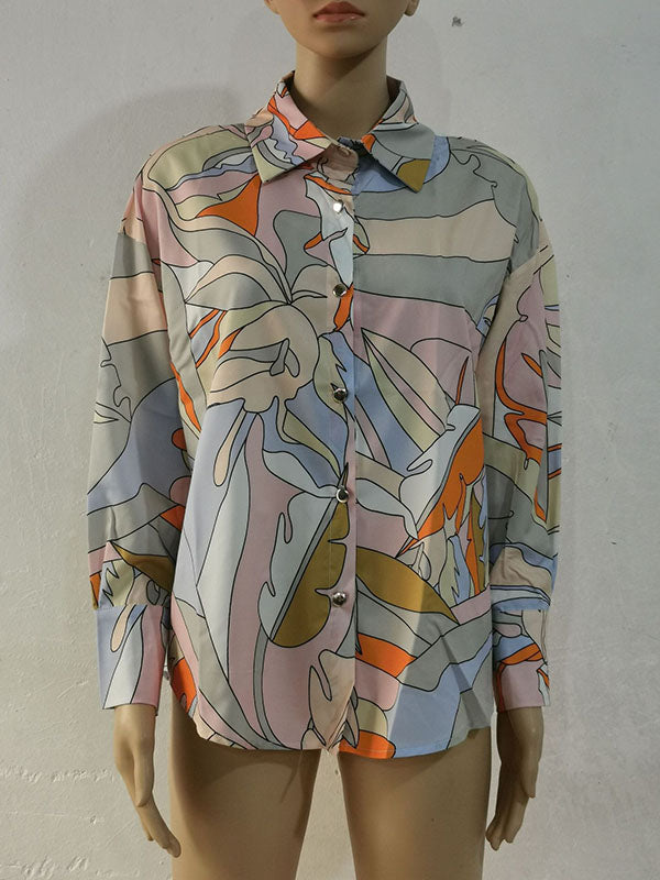 Long Sleeves Loose Contrast Color Printed Lapel Blouses